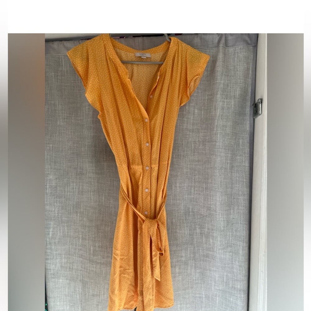 Loft Mustard Yellow Polka Dot Button-Front Dress 4P flow spring easter dainty